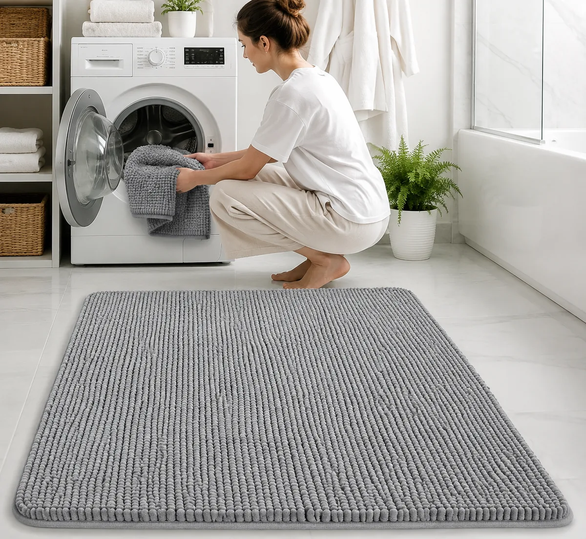 OLANLY chenille bath rug in grey, placed on a bathroom floor