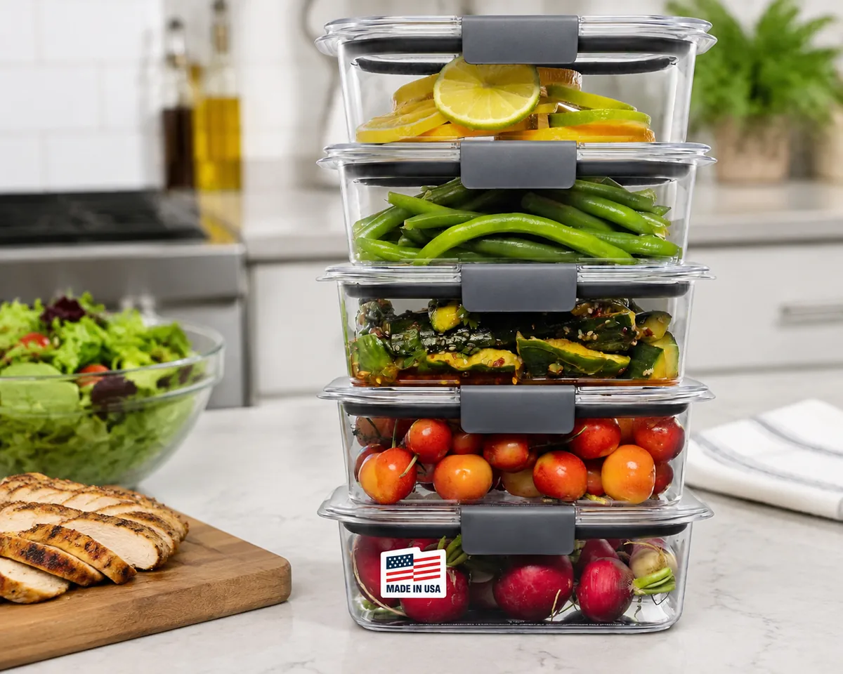 Rubbermaid Brilliance 5-pack 3.2-cup clear containers with blue lids, stacked neatly