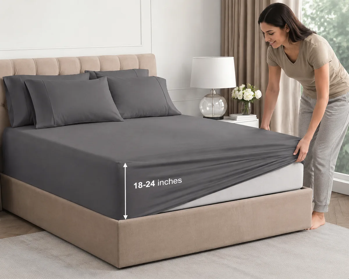 Extra deep pocket queen fitted sheet on a thick mattress with a topper