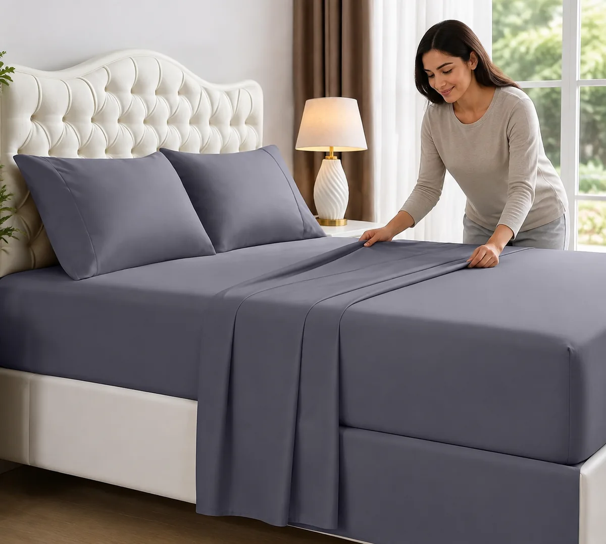 Queen sheet set in grey on a bed with deep pocket fitted sheet