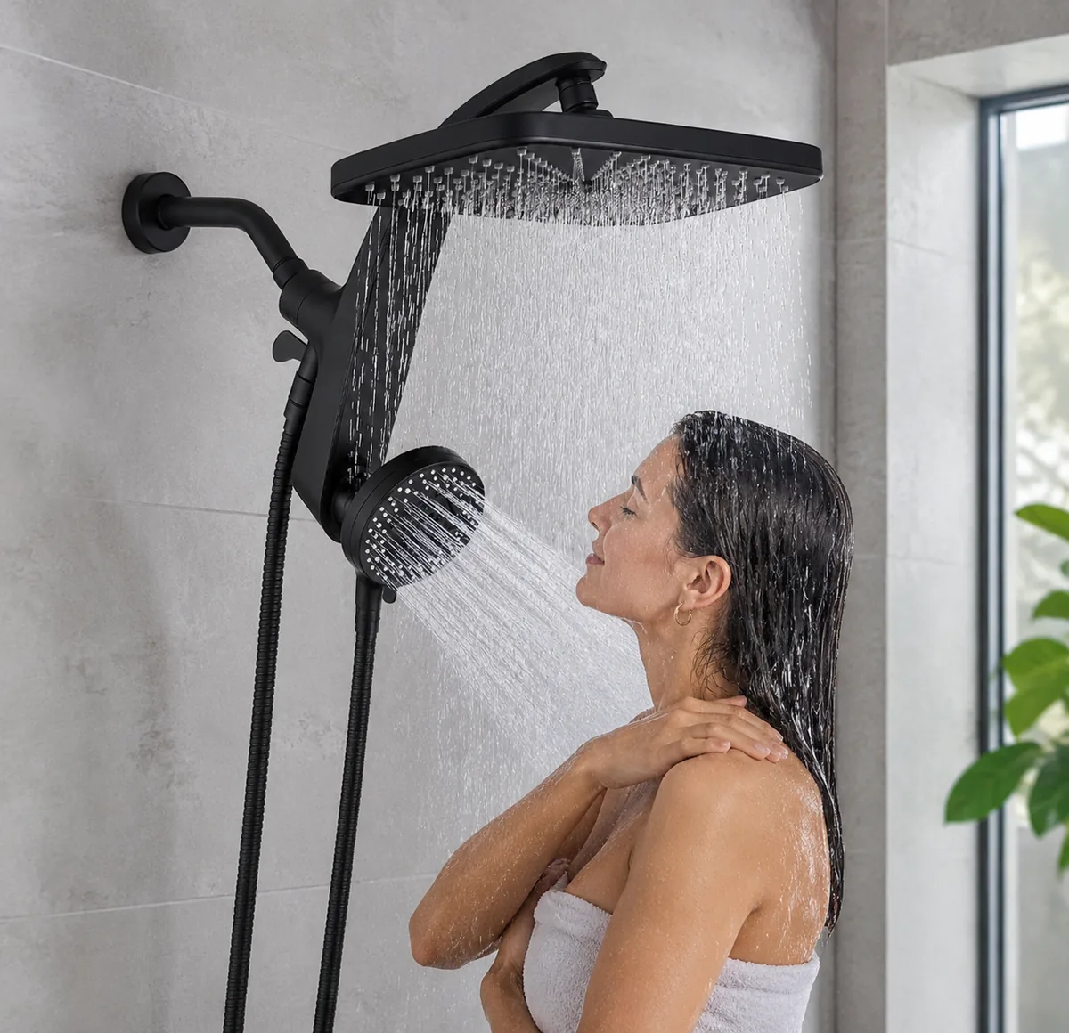 Rain shower head with integrated handheld spray in a modern bathroom