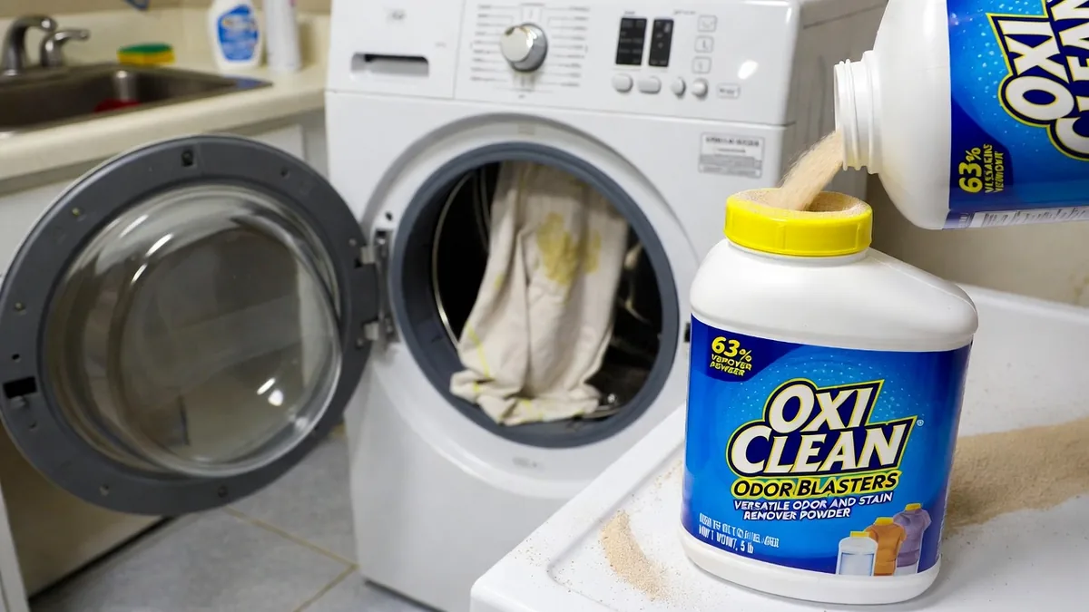 OxiClean Odor Blasters powder container with a scoop, surrounded by fresh workout clothes and towels