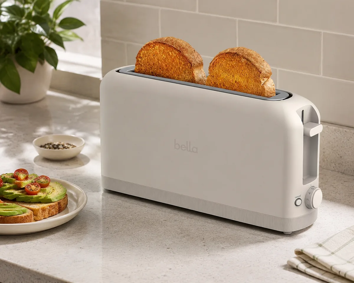 bella Fits-Anywhere 2-Slice Slim Toaster in Oatmilk on a countertop