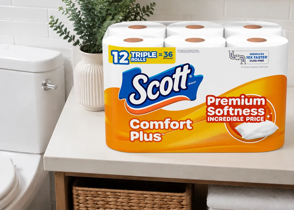 Scott ComfortPlus 12 Triple Rolls package, 1-Ply septic-safe bath tissue with 231 sheets per roll.
