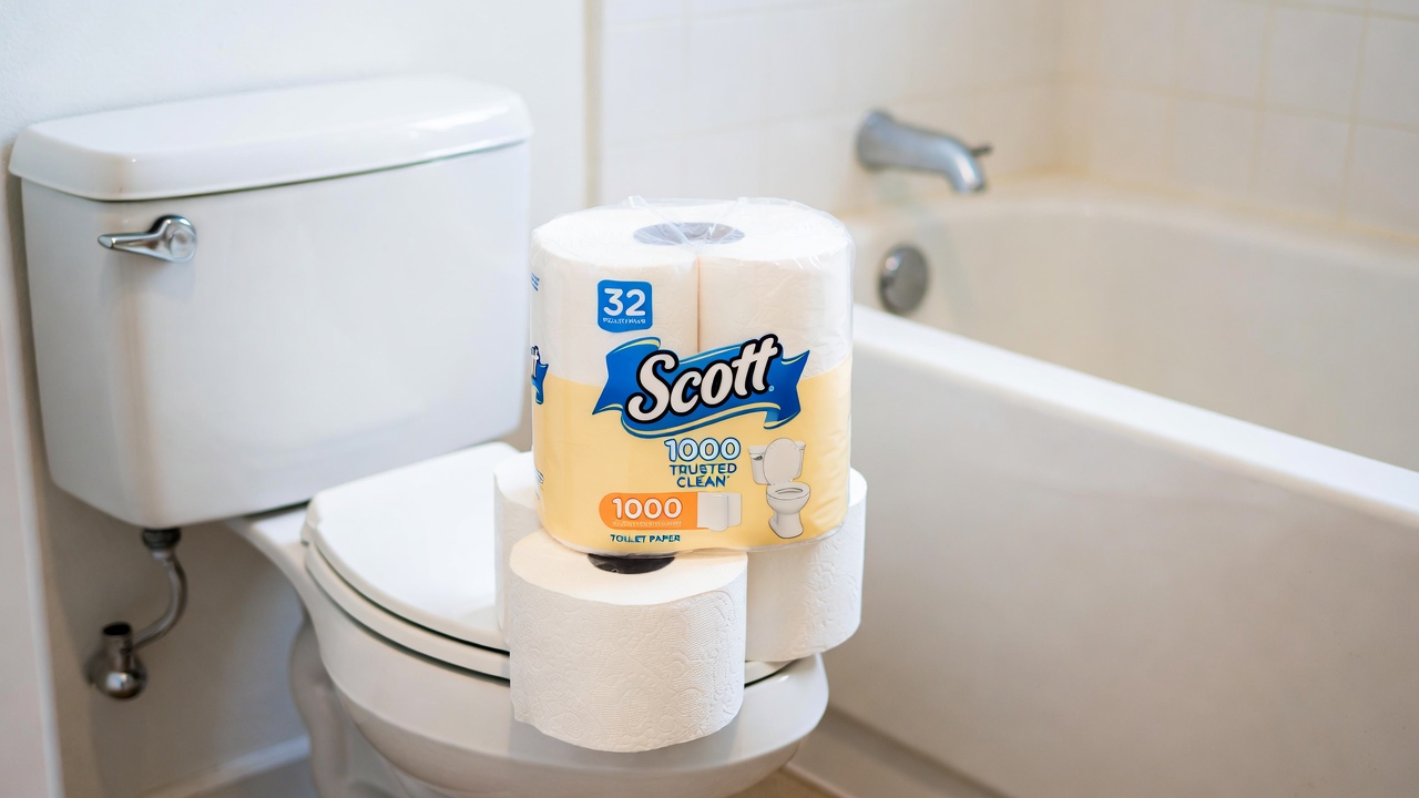 Scott 1000 Trusted Clean Toilet Paper 32-roll pack shown in product packaging photography.