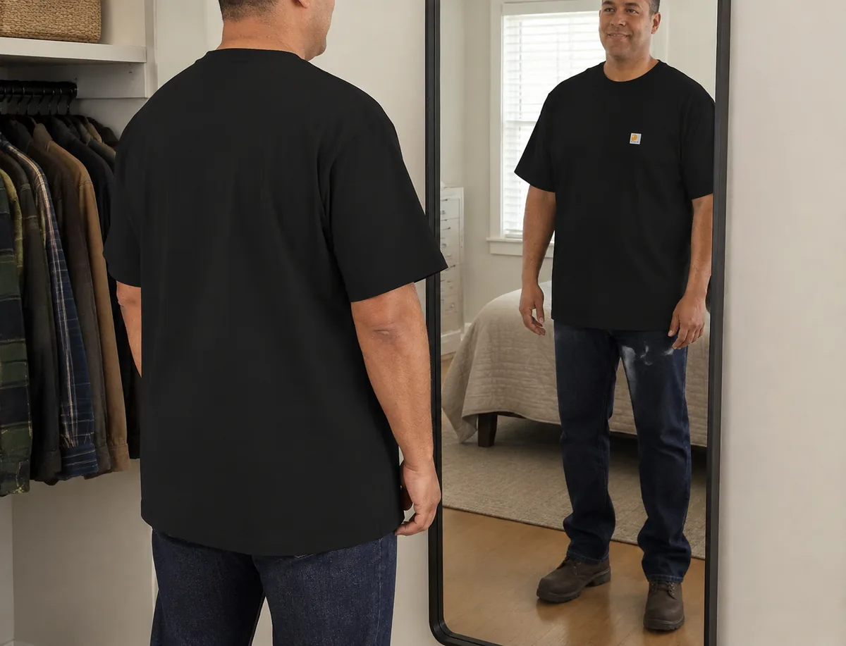 Carhartt Men's Iconic K87 Pocket T-Shirt shown in a flat lay, highlighting the chest pocket and heavyweight cotton blend fabric.