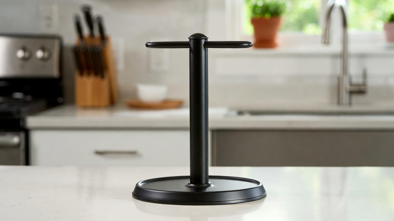 Freestanding stainless steel countertop paper towel holder with weighted base and portable top handle
