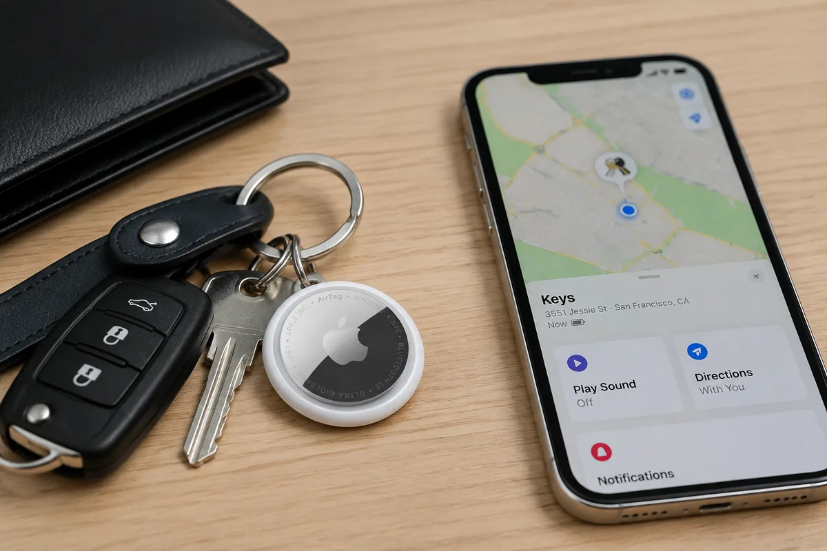 Apple AirTag (2nd Generation) on a keychain with an iPhone showing Precision Finding