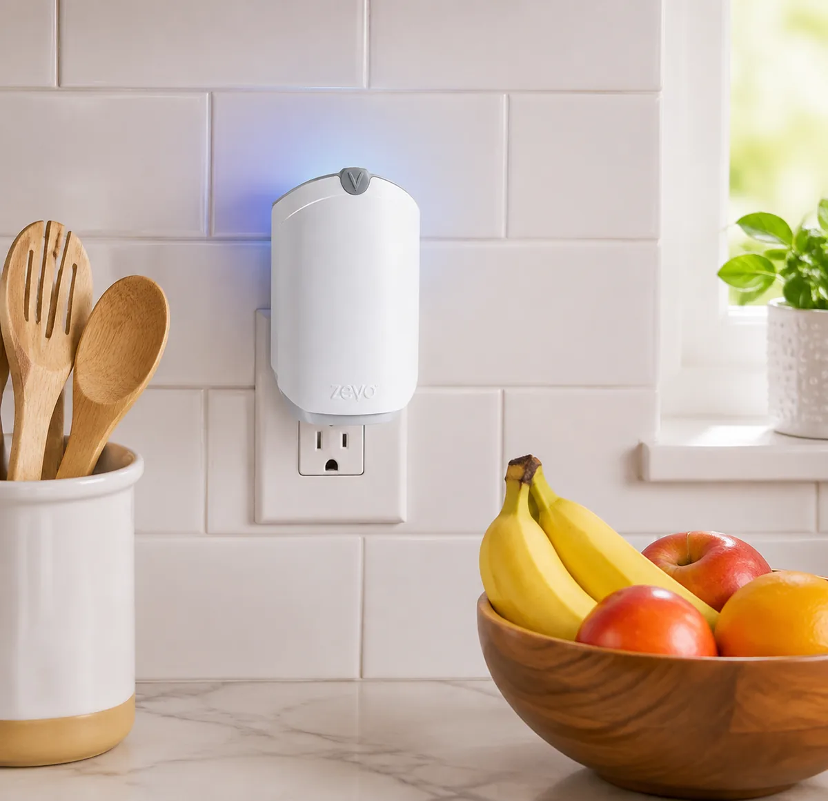 Zevo plug-in flying insect trap with blue and UV light, showing the adhesive cartridge and wall-facing design.