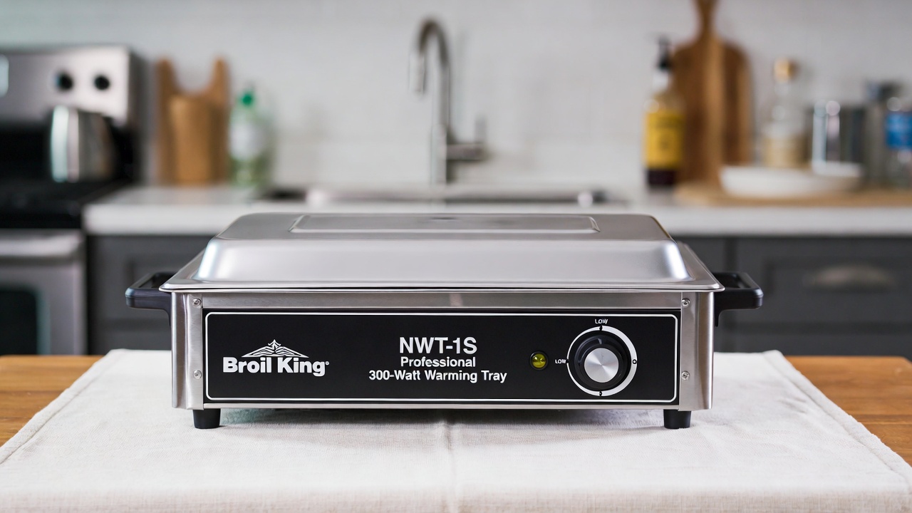 Broil King NWT-1S stainless steel warming tray with adjustable thermostat and cool-touch handles