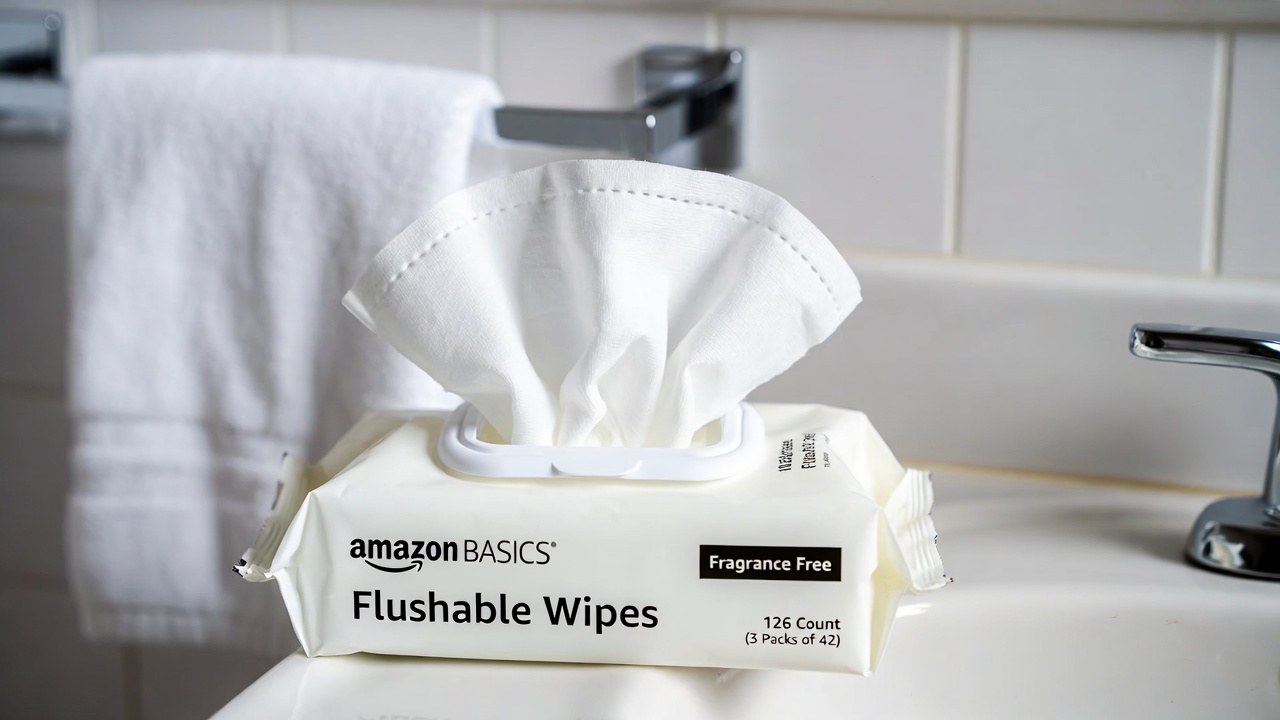Amazon Basics Flushable Wipes package with three packs, showing the product design and branding.